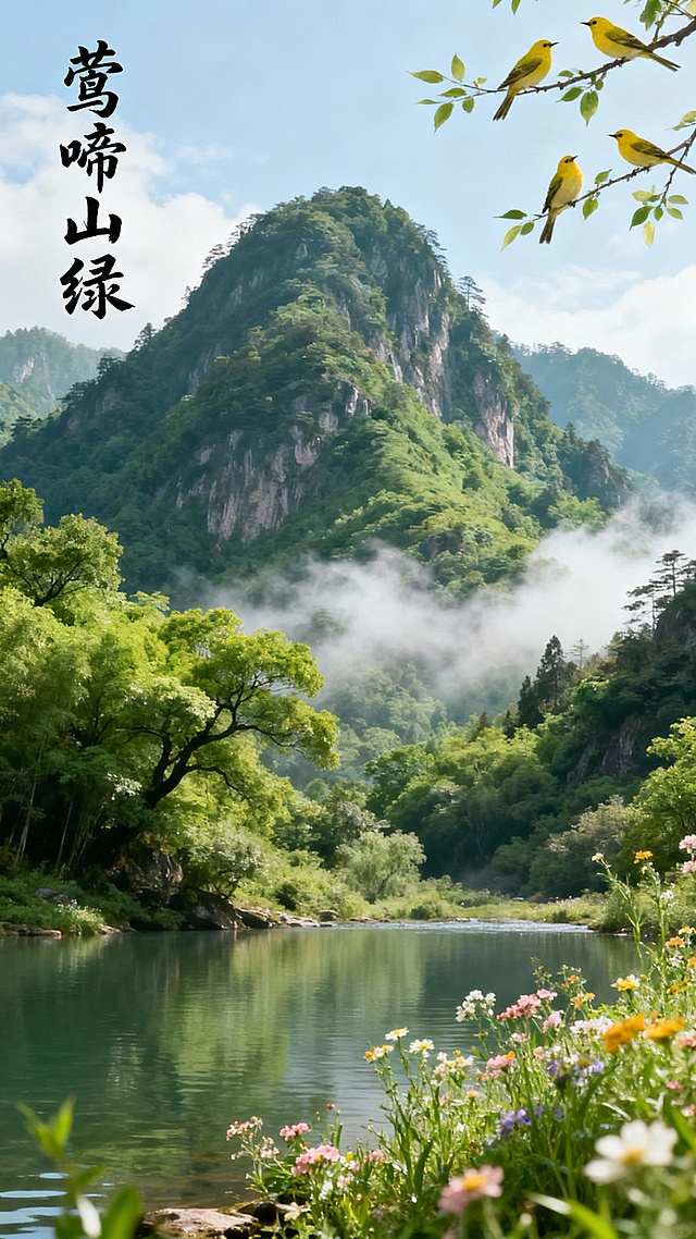 古风优美干净的描写"莺啼山绿"的山水画，实景，电影感，左上角加上“莺啼山绿”行书毛笔字