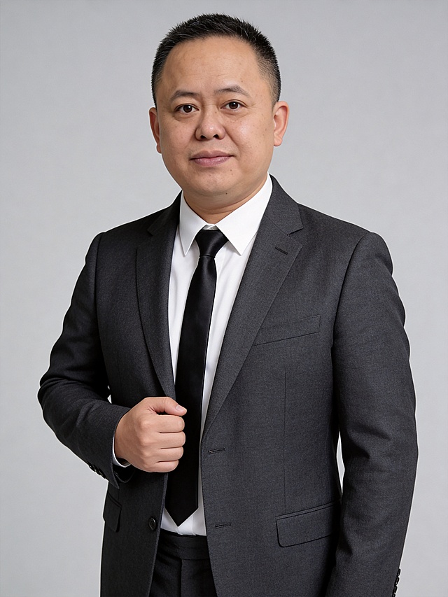 参考图保留人物脸型发型年龄特征，生成金融讲师正式职场形象照，标准焦段50mm,f/4光圈，平视视角，人物居中，半身像，头肩比例协调；身穿深灰色精纺羊毛西装外套，内搭白色高支棉衬衫，系黑色真丝领带，下装同色深灰西裤，着装正式干练，专业沉稳可信；调整姿势自然协调，呈站姿右手轻握西装前襟，肢体放松自信；脸部美容，均匀肤色适当美白，去除斑点，去掉双下巴和颈纹，整体协调自然；面部表情带一点点自然微笑，专业亲和；简约中性灰纯色背景，光线均匀柔和，极简干净；画质超高分辨率，细节清晰，现代精致风格，肤质自然细腻，保留真实皮肤质感，正面柔光，4K分辨率，画面比例3:4
