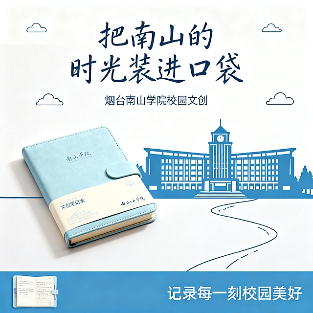 烟台南山学院校园文创笔记本营销海报，清新治愈青春校园风，主色调浅蓝+米白，画面包含笔记本实物、南山学院标志性图书馆剪影，搭配手写体文字"把南山的时光装进口袋"，画面干净明亮，突出校园氛围感，细节清晰无噪点，风格贴合文创调性，包含产品图案和校园主题文案