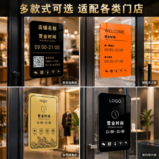 [主图4] 多款式场景展示宫格图；氛围风格：真实门店使用场景；画质：清晰明亮商业场景摄影；元素：四宫格展示，四个宫格分别展示黑色经典款、橙色活力款、金色轻奢款、简约现代款四种不同风格的营业时间告示牌安预览效果