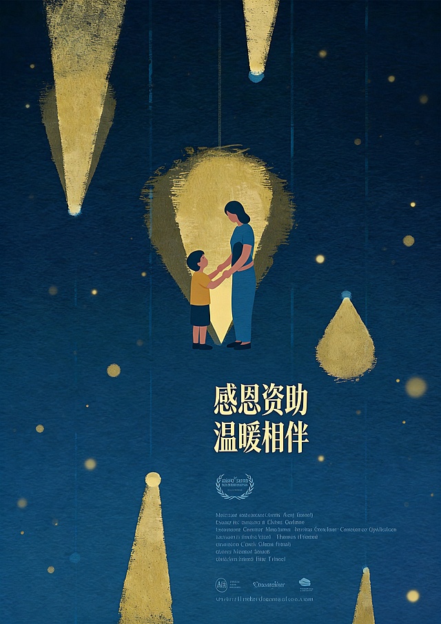 参考原图的深蓝色背景搭配烫金色光斑的扁平化插画风格，生成一张A3尺寸的感恩资助主题公益海报，画面体现温暖关怀的氛围，保留简约艺术质感