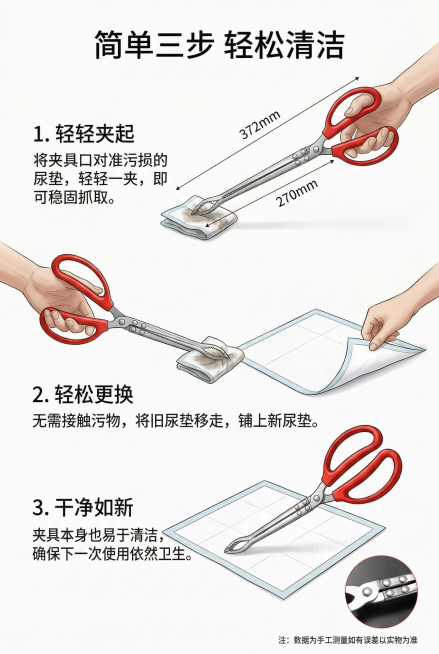 电商详情页产品使用说明页，宠物猫狗尿垫夹，分步说明如何使用本产品夹取更换宠物尿垫，简单易懂图文排版，保留原产品外形，风格简约高级，标题文字"简单三步 轻松清洁"，竖版尺寸750x1200预览效果