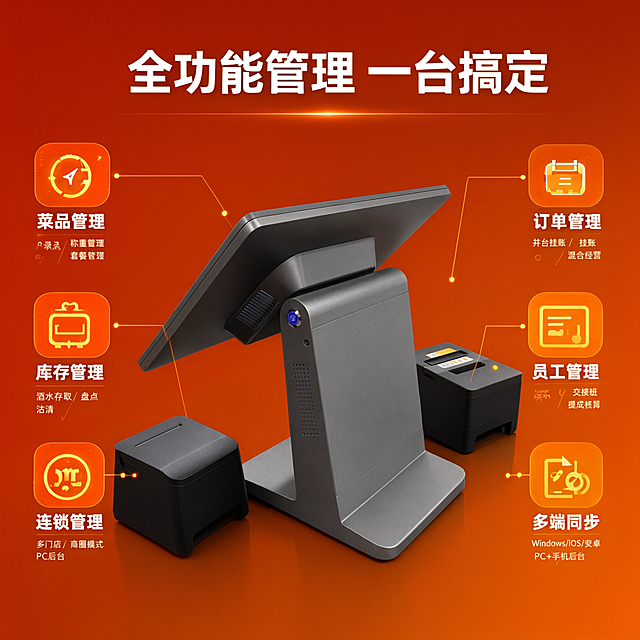 餐饮收银系统投流广告图第3张（管理功能图），与前两张统一橙红电商促销风格，橙红渐变背景。画面中央展示收银机侧面+两台打印机的组合，周围用六个橙黄色圆形图标+文字展示功能："菜品管理"（OCR录入/称重/套餐）、"库存管理"（酒水存取/盘点/沽清）、"订单管理"（并台/挂账/混合经营）、"员工管理"（交接班/提成）、"连锁管理"（多门店/商圈）、"多端同步"（Windows/iOS/安卓/PC+手机后台）。顶部大标题白色粗体字："全功能管理 一台搞定"。整体风格：电商促销感，橙红暖色调，图标醒目，信息清晰。