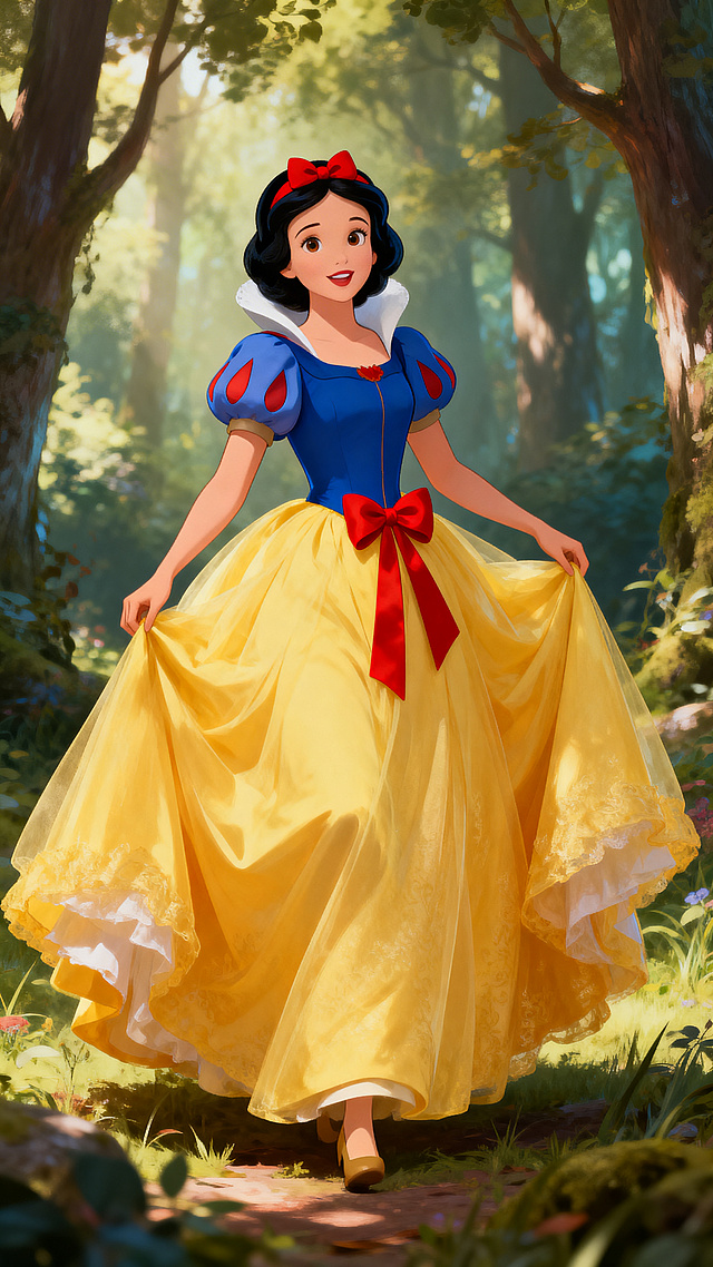 一张精美的白雪公主封面图，迪士尼经典童话风格，白雪公主穿着蓝色上衣黄色蓬蓬裙红色蝴蝶结站在森林中，梦幻柔和的光线，精致细腻的画质，适合作为书籍封面，整体氛围浪漫唯美