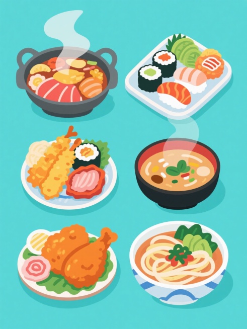 一系列6个不同美食的插画集合，保持日式美食插画风格，扁平化设计，明亮的纯色背景，每个美食都有丰富的食材细节和鲜艳的色彩，规整地排列在画面中。第一张是热气腾腾的寿喜烧，第二张是新鲜的寿司拼盘，第三张是酥脆的天妇罗，第四张是香浓的味增汤，第五张是美味的日式炸鸡，第六张是清爽的冷面。所有美食都以相同的视角和构图呈现，形成统一的系列感。预览效果