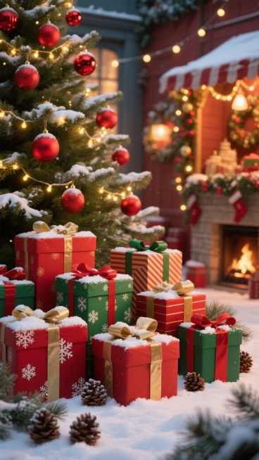 超写实风格圣诞场景，以红色和绿色为主色调，温暖柔和的侧光照明，前景是多个包装精美的圣诞礼物盒，包括红色带雪花图案、绿色带雪花图案、红色带金色条纹等款式，部分礼物盒上覆盖着少量蓬松的白雪，礼物盒周围点缀着松针和松果，背景是装饰有红色球形饰品和闪烁暖黄色串灯的圣诞树，树的枝叶上也有积雪，整体营造出温馨、喜庆、充满节日氛围的画面，不同画面的背景可替换为圣诞市场摊位、壁炉旁、挂满装饰的房间角落等具有圣……预览效果