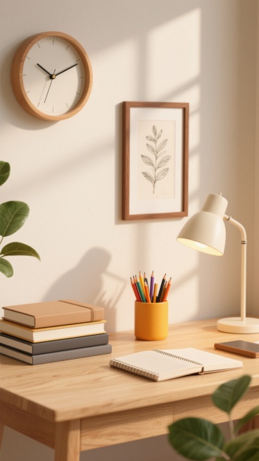 3D渲染风格的书桌场景，温暖柔和的自然光从侧方照射，浅木色桌面呈现细腻木纹质感，桌面上堆叠着浅棕色封面笔记本和深灰色书籍，旁边是装满彩色铅笔与钢笔的橙黄色笔筒，右侧有一盏米白色台灯投下柔和光晕，背景墙挂着带棕色细边框的植物线条素描装饰画，上方圆形木质挂钟显示时间，桌角点缀几片绿色植物叶子，整体营造出宁静、整洁、温馨的居家办公或学习氛围，光影过渡自然，色彩以原木色、暖黄色、米色为主调，细节丰富，……预览效果