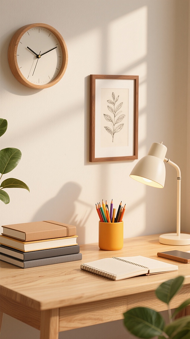 3D渲染风格的书桌场景，温暖柔和的自然光从侧方照射，浅木色桌面呈现细腻木纹质感，桌面上堆叠着浅棕色封面笔记本和深灰色书籍，旁边是装满彩色铅笔与钢笔的橙黄色笔筒，右侧有一盏米白色台灯投下柔和光晕，背景墙挂着带棕色细边框的植物线条素描装饰画，上方圆形木质挂钟显示时间，桌角点缀几片绿色植物叶子，整体营造出宁静、整洁、温馨的居家办公或学习氛围，光影过渡自然，色彩以原木色、暖黄色、米色为主调，细节丰富，质感真实，构图采用近景书桌特写，视觉焦点集中在桌面物品的有序排列上。