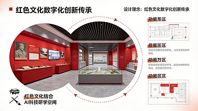 参考第二张图的设计理念分析图版式，将第一张图的红色文化研学空间内容重新排版：保持标题设计理念红色文化数字化创新传承，分模块展示红色文化结合AI科技研学空间的内容，布局为左侧线稿图标加文字模块，中心圆形放展厅实景图，右侧展示各功能分区，整体风格简约专业分析图，白色背景配红色点缀