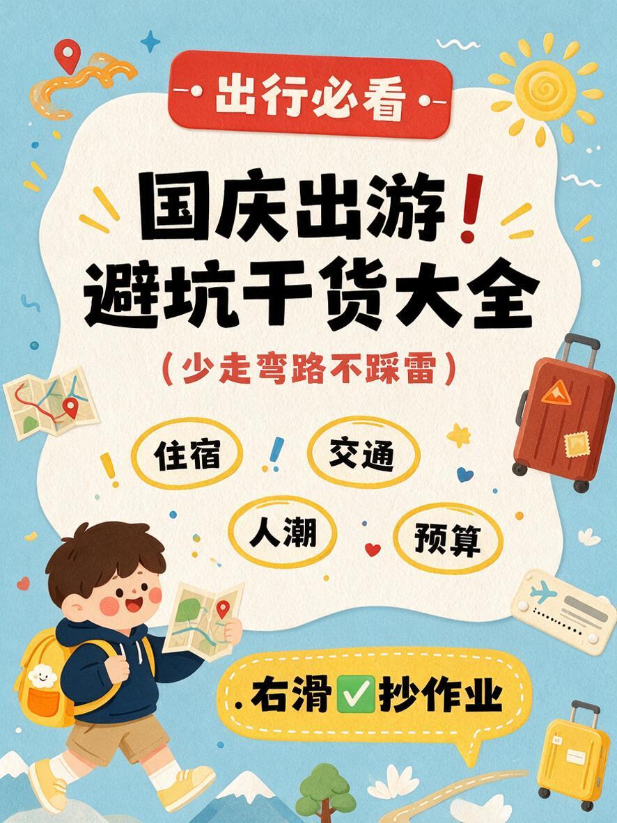 2D 扁平化趣味卡通手绘小红书竖版封面海报，国庆出游干货主题，… - 图片创意预览