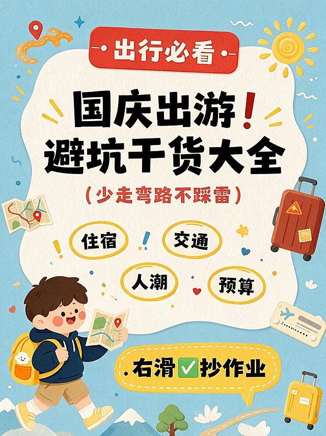 2D 扁平化趣味卡通手绘小红书竖版封面海报，国庆出游干货主题，活泼元气插画风，矢量平面插画，平涂质感，商业平面渲染，柔和漫射平光，无强烈明暗对比，无硬投影，干净清爽矢量纹理，尺寸1242×1656PX，竖版居中构图，背景为纯净柔和浅湖蓝色，画面中心放置不规则波浪异形白色文本底框。顶部位置是红色圆角标签框，框内白色粗字文案"出行必看"。异形文本框内居中为超大加粗黑色卡通黑体主标题"国庆出游❗避坑干货大全"，主标题下方配有红色括号补充小字"（少走弯路不踩雷）"。异形文本框中部分散排布 4 个黄色描边椭圆形气泡圈关键词，依次为"住宿"、"交通"、"人潮"、"预算"。画面左下角绘制卡通背包小人插画，边角错落摆放行李箱、太阳、地图贴纸类扁平装饰元素，贴纸质感，元素摆放避开文字区域，不遮挡核心文案。画面底部是黄色对话气泡框，气泡内大号黑色文字"右滑✅抄作业"。整体色彩体系以浅湖蓝、米白、正红、明黄为主，高饱和度明亮撞色，版式层级分明，文字辨识度高，全部文案完整保留无删减，高清商业宣传海报，适配中文 AI 绘图工具。画面中除上述文案外，不得出现任何其他文字、标签栏、信息卡片、二维码或额外装饰小字。