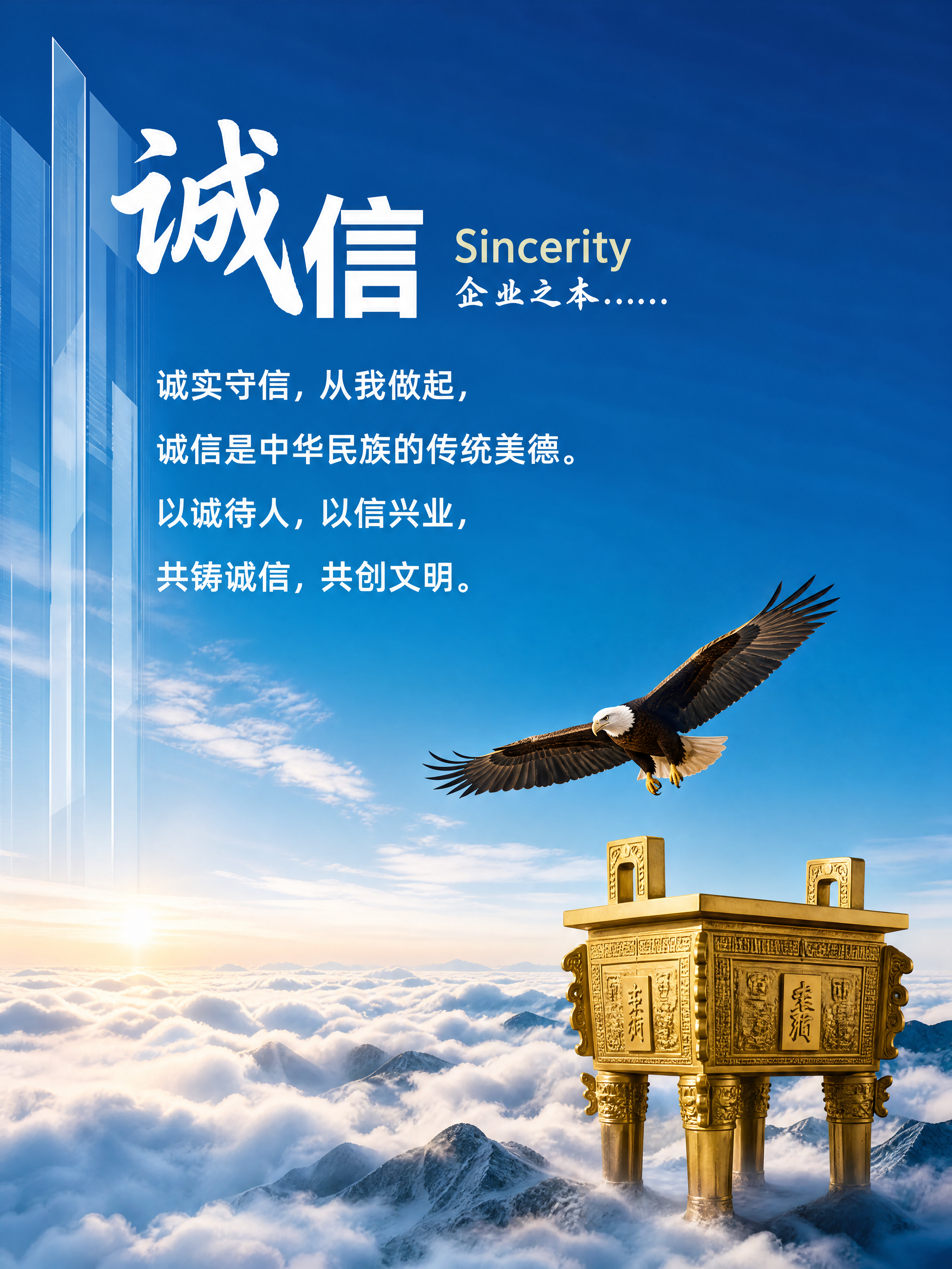 参考原图，生成一张诚信主题海报，蓝天云海背景，上方有大字"诚信… - 图片创意预览