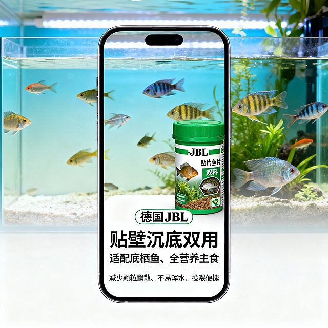 电商详情页首屏海报（全屏展示），产品为德国JBL贴片鱼饲料。风格要求：简洁吸睛、专业清新，贴合水族产品自然质感，不浮夸不堆砌，与后续详情页模块调性统一。场景适配：适配移动端竖屏浏览，画面适配手机全屏，视觉适配淡水鱼缸实景（可搭配干净鱼缸、鱼群游动、贴片饲料贴壁/沉底场景），色调以清新蓝绿、浅白为主，贴合水族产品调性。视觉焦点：核心突出“德国JBL”品牌标识+“贴壁沉底双用”核心功能，辅以“适配底栖鱼、全营养主食”关键信息，产品主体清晰可辨，视觉层级分明（品牌>核心功能>辅助卖点）。文案设计：文案简洁精炼，核心信息（贴壁沉底双用、适配底栖鱼、全营养主食）醒目，辅助卖点（减少颗粒飘散、不易浑水、投喂便捷）简洁点缀，字体大小适配移动端阅读，上下留白适宜，整体视觉与文案融合自然，快速抓住用户注意力