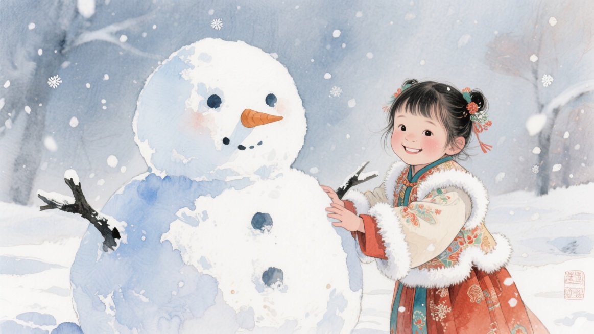 冬季雪景中，一个6岁小女孩穿着毛绒滚边的汉服，正在堆一个比她高出一头的大雪人，小女孩面带微笑看向镜头，画面采用水彩厚涂风格，色彩厚重，笔触明显，背景有飘落的雪花，整体氛围温馨治愈预览效果