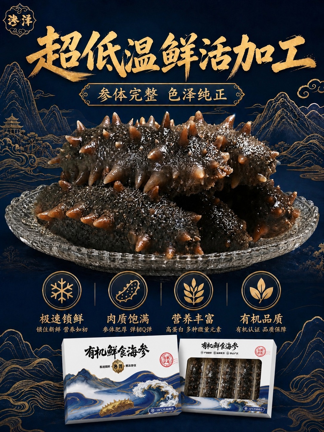 将图片底部的深蓝色礼盒包装，替换为第二张图中的白色蓝金海浪有机… - 图片创意预览