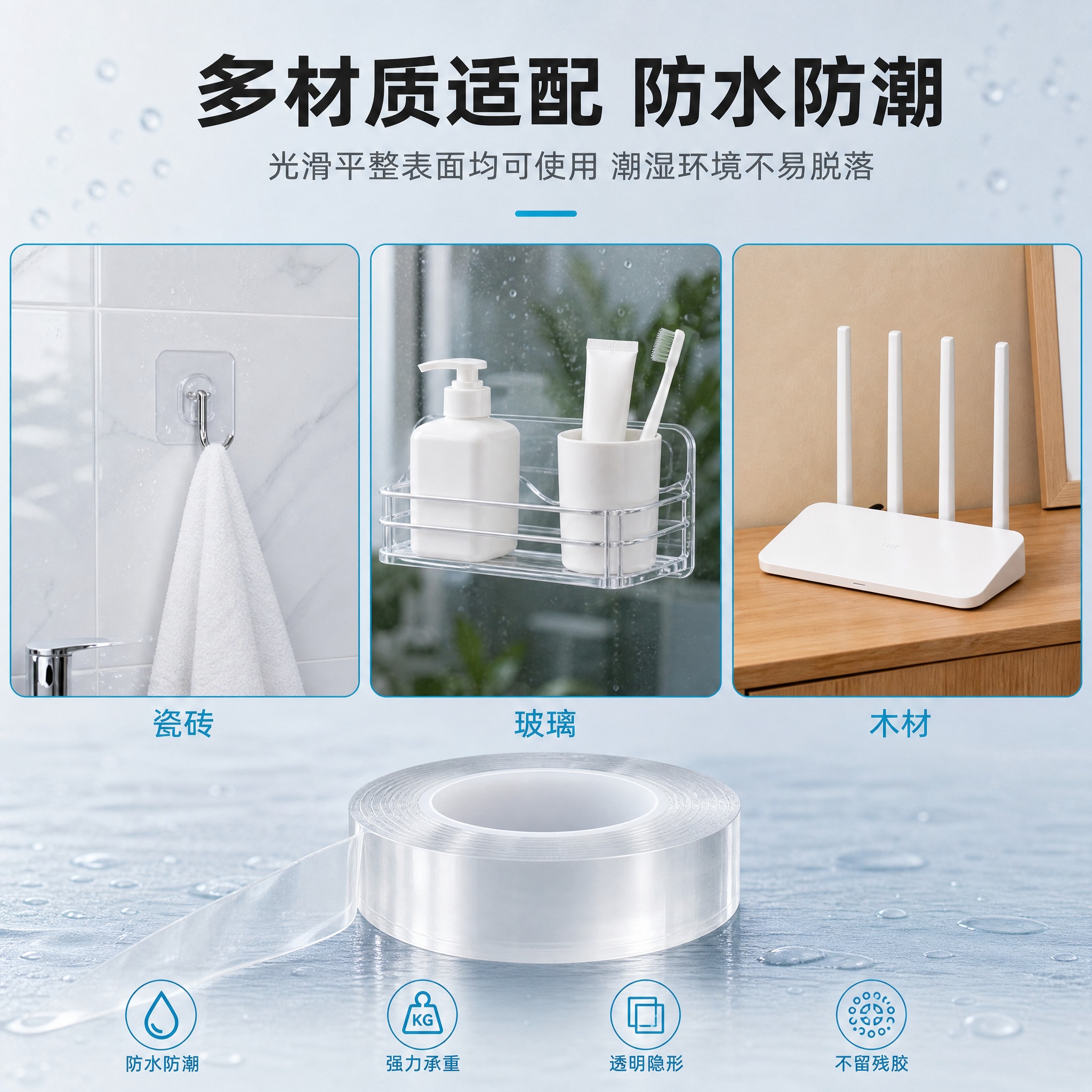 [主图-3] 多材质适配与防水防潮卖点证明，展示纳米双面胶在不… - 图片创意预览