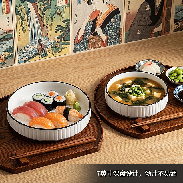 这是一只陶瓷盘，其名称为山田竖纹美式盘，碗口直径为7英寸。我给你提供了一张白底图，请根据我的白底图，帮我绘制6张不同角度的场景图。每张场景图比例为1:1，内容是将这些盘子与不同的日常生活场景结合，并配上简要的卖点介绍。特别注意生成的场景图中，必须包括2个这样的盘子，不能多也不能少。每个盘的造型、颜色或者样式都不能改变，必须和我提供的图片中的盘子一样。盘的大小、摆放角度、位置可以根据场景的不同进行调整。