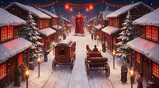 雪夜古街，红灯高挂，人物穿梭于暖光与积雪之间，融合中式古典与节日喜庆，厚涂插画风营造温馨故事感，光影交错，体积饱满，宛如微缩浮世绘画卷。