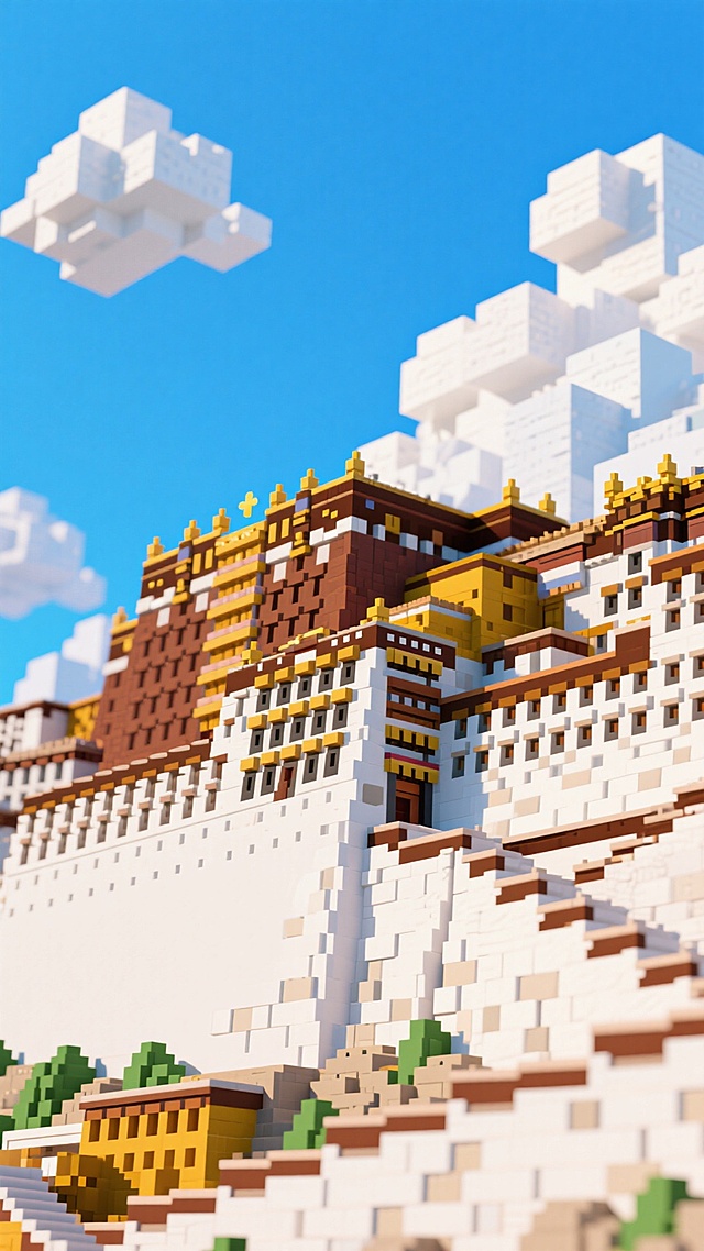 像素风微缩艺术呈现藏式宫殿，融合民族感与古典神圣气质，石刻质感细节丰富，虚拟现实场景中蓝天白云映衬庄严之美。