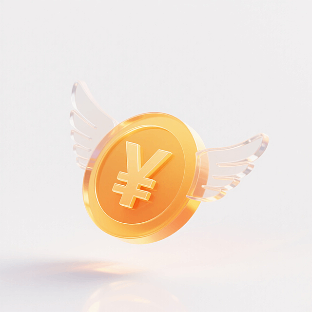 印着“¥”的金币带着一对翅膀飞行，橙黄色渐变，未来科技，白色背景