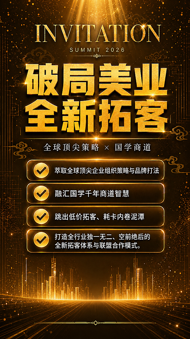 基于参考图重新生成，做以下修改：
1. 第四条卖点文字改为"打造全行业独一无二、空前绝后的全新拓客体系与联盟合作模式。"
2. 完全移除底部的二维码占位符及其下方的所有文字（"立即扫码 抢占先机"、"仅限美业总裁/创始人参加"等全部删除），底部区域留空或用简洁的金色装饰线条收尾
3. 移除画面左右两侧的金色丝带/绸缎飘带元素
4. 其他所有元素保持不变：金色渐变背景、金色粒子光点光束效果、顶部INVITATION英文装饰、主标题"破局美业 全新拓客"、副标题"全球顶尖策略 × 国学商道"、四个金色圆角卖点卡片及前三条卖点文字、整体金色高端招商会风格、版式结构均保持原样