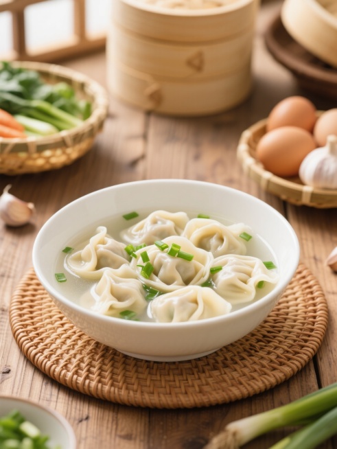 一碗盛在白色瓷碗中的馄饨，馄饨皮薄馅大，漂浮在清澈的汤中，汤面上撒着翠绿的葱花，碗放在编织的圆形餐垫上，背景是木质桌面，周围摆放着竹编蒸笼装着的新鲜蔬菜、竹篮里的鸡蛋和蒜瓣，整体呈现出温馨自然的家庭厨房氛围，光线明亮柔和，色彩清新写实，构图采用近景特写突出馄饨主体，细节清晰，充满生活气息。预览效果