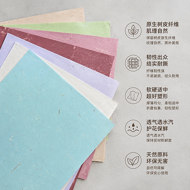 [主图-2] 核心卖点全景展示，原生树皮纤维肌理特点
[氛围风格] 干净自然产品展示
[画质] 商业摄影质感、光线柔和通透、产品清晰真实、画面干净高级
[元素] 平铺展开多种颜色的树皮纸，展示纸张表面原生态粗糙纹理和纤维细节。产品主体占画面约70%，保持所有颜色和材质细节与输入产品图一致，无变形无色差。左侧产品展示，右侧垂直排列卖点列表
[光影] 均匀柔和顶光，清晰展示纹理细节，哑光无反光
[配色] 浅灰简约背景，突出纸张本身色彩和纹理
[视角构图] 俯视平铺拍摄
[文字版式] 右侧分五点展示核心特点：原生树皮纤维 肌理自然，韧性出众结实耐撕，软硬适中超好塑形，透气透水汽护花保鲜，天然原料环保无害，文字左对齐，清晰可读不遮挡产品
[输出要求] 1:1比例，文字清晰可辨，超高清商业摄影质感，宽2048像素，高2048像素
[负向提示词] 变形，文字错乱，产品图模糊，背景杂乱，水印，电商平台Logo，反光，亮面