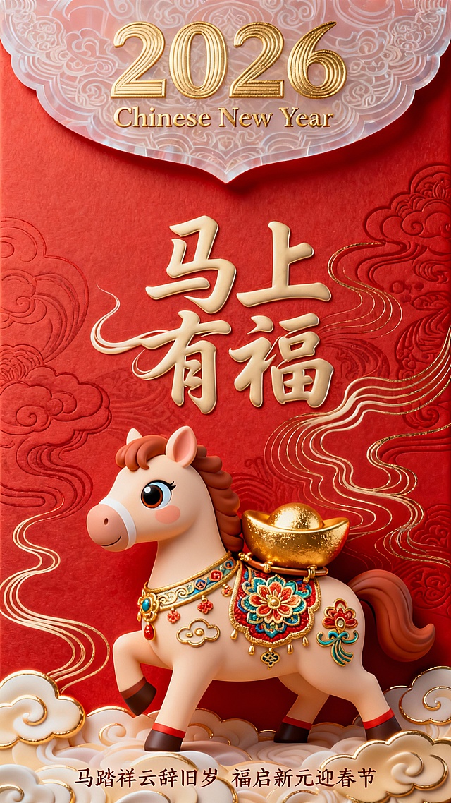 软3D风卡通马载金元宝，鎏金文字搭配浮雕云纹，喜庆红底衬托刺绣质感，萌趣可爱中尽显传统年味。