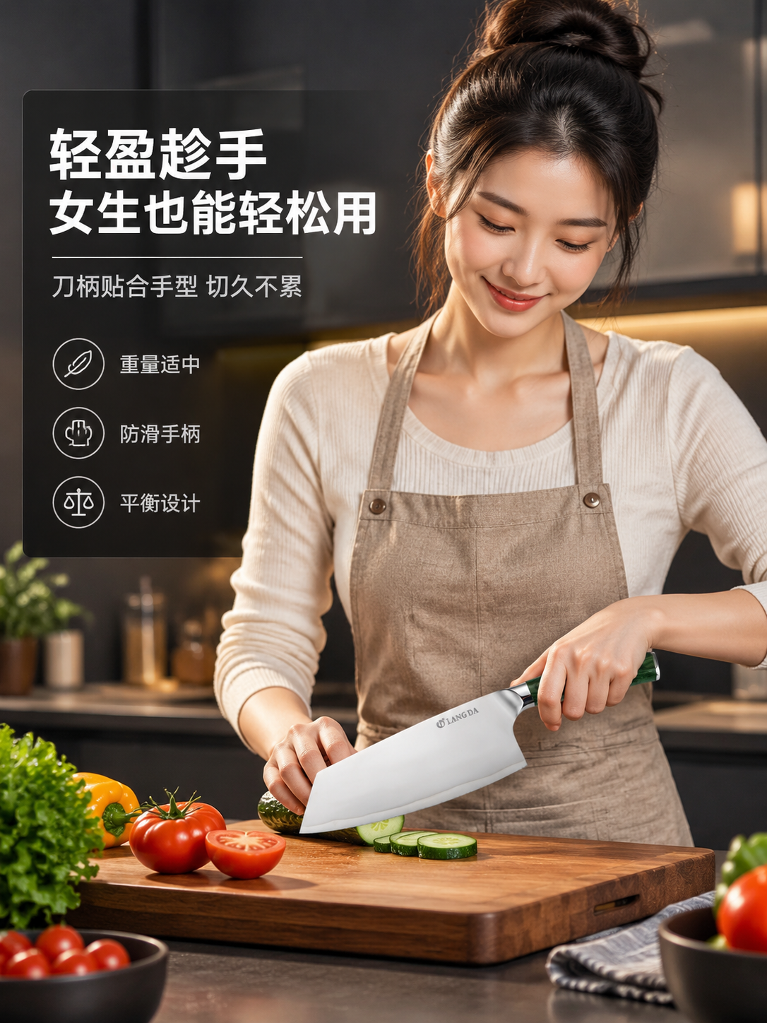 [商品] 使用【图2】LANG DA不锈钢菜刀，绿色彩木手柄；… - 图片创意预览