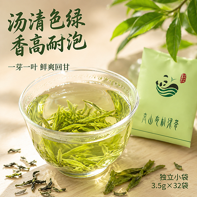 [主图-3] 高山有机绿茶茶汤与茶叶细节特写图
[氛围风格] 清新雅致 茶汤通透 品质细节
[画质] 商业微距摄影 超高清 细节丰富 质感真实
[元素] 画面中央一只透明玻璃茶杯 杯中泡着嫩绿的茶叶 茶汤清澈透亮 呈淡黄绿色 杯壁有细微水珠 杯子旁边散落几片干茶叶和泡开的茶叶 后方隐约可见浅绿色独立小茶包 茶包上的熊猫logo和高山有机绿茶字样清晰 背景是浅木色桌面 柔和虚化 右上角有一小束新鲜茶树枝叶点缀 保持茶包外观（颜色 文字 logo）与输入产品图一致 杜绝变形 画面满屏无边框
[光影] 柔和自然光从侧上方照射 茶汤通透有光泽 茶叶纹理清晰 玻璃有高光反射 整体明亮通透
[配色] 主色调嫩绿 黄绿 辅色浅木色 白色 透明感
[视角构图] 略微俯视 45度角 茶杯为视觉中心 前后景虚化突出茶汤细节
[文字版式] 左上主标题"汤清色绿 香高耐泡" 书法风格深绿色字体 下方辅助小字"一芽一叶 鲜爽回甘" 细体 右下角标注"独立小袋 3.5g×32袋" 深绿色
[输出要求] 1:1比例 文字清晰可辨 超高清微距摄影质感
[负向提示词] 变形 文字错乱 产品模糊 背景杂乱 水印 电商平台Logo