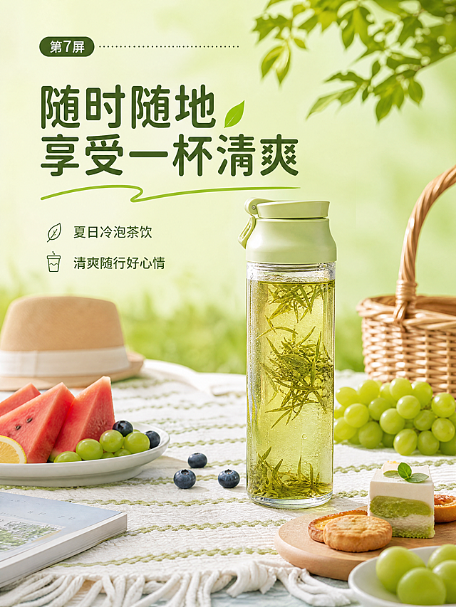 [第7屏] 夏日饮用场景展示，冷泡瓶泡好茶放在户外野餐垫上，周围搭配水果点心，营造清爽休闲的夏日氛围，浅绿背景，标题"随时随地 享受一杯清爽"，统一字体风格，3:4，4K。