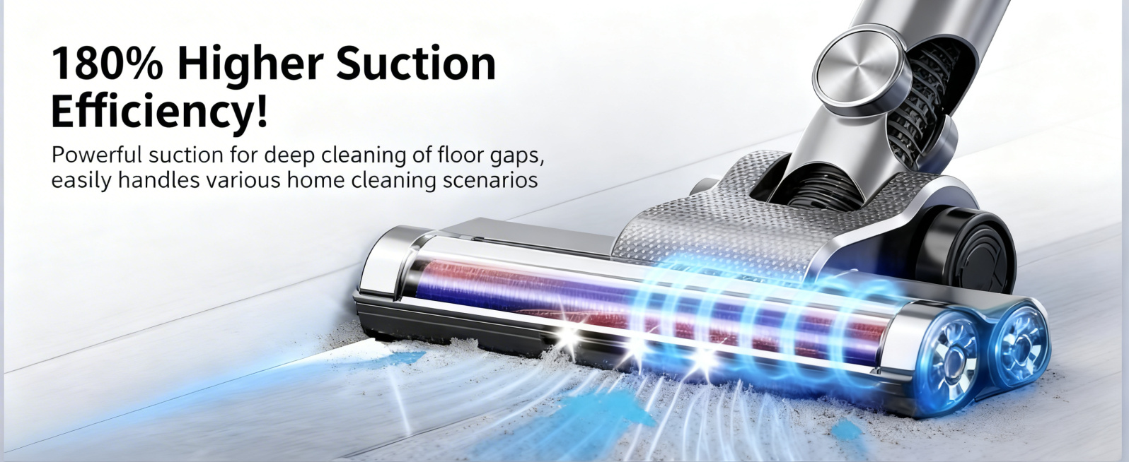 将图片中的中文标题翻译成英文：主标题替换为"180% Higher Suction Efficiency!"，下方说明文字替换为"Powerful suction for deep cleaning预览效果