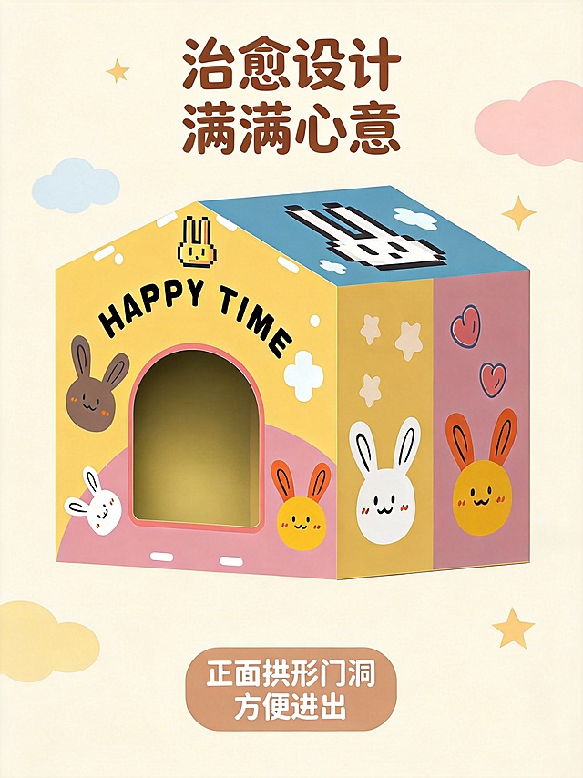 [第3屏] 产品外观细节展示-宠物小房子整体设计近览。[氛围/风格] 清新自然，突出产品设计细节，画质清晰。[元素布局] 特写展示宠物小房子的正面外观，聚焦门口和正面兔子印花设计，保持产品颜色图案结构和原图一致，主体占画面约75%，背景浅暖米色。点缀少量云朵和星星装饰元素，和产品设计呼应。[光影质感] 正面柔光，均匀展示每个印花细节，色彩还原准确，纹理清晰。[配色色系] 全局底色 #f8f2e9，保留产品原有多彩设计，装饰元素用低饱和度浅彩色，不抢主体。[视角构图] 平视正面特写，构图饱满，细节清晰。[文字版式] 顶部标题写着「治愈设计 满满心意」，居中圆润棕色字体；底部标注「正面拱形门洞 方便进出」小标签，圆角浅棕底白色字。文字不遮挡核心印花区域。[比例分辨率] 3:4 竖版比例，2k分辨率超高清。[负向提示词] 印花变形，颜色偏差，文字遮挡，水印，背景杂乱