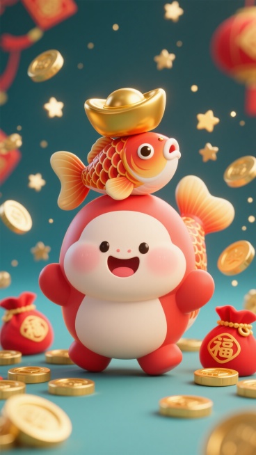 萌趣卡通风格手机壁纸，发财主题。胖乎乎的Q版锦鲤顶着一枚大元宝，周围是星星点点的金色硬币和红色福袋。色彩明亮，以金红为主，线条圆润可爱。表情充满喜悦，整体画面动感活泼，具有治愈感。预览效果