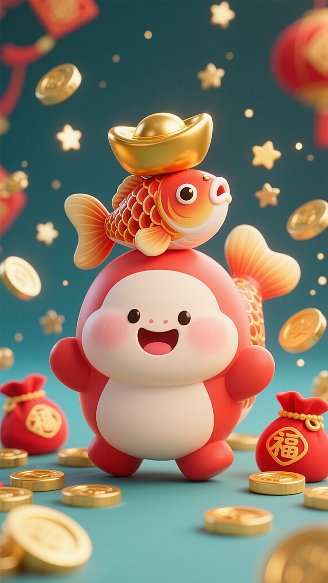 软3D风卡通猴子头顶金鱼与元宝，喜庆红金配色，环绕金币福袋，萌趣十足，春节氛围浓厚。