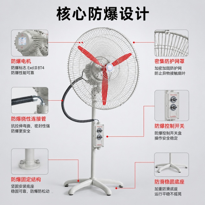 「图片1」，生成一套主图（5张），商品名称是防爆摇头扇，卖点是防爆，第一张要醒目标注免费开13%专票，适配淘宝/天猫平台，主图比例为1:1预览效果
