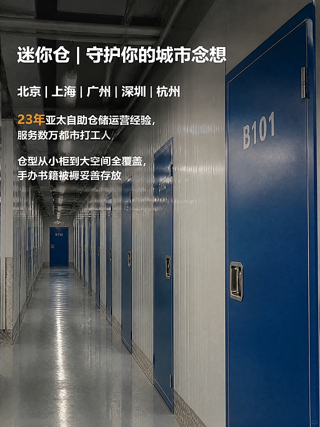 小红书笔记配图大字封面，真实场景感，版式精美，小红书笔记封面质感，适合信息流点击。文字字号适中，看得清楚即可，不要过大，不要黑色底框。主标题逐字锁定：「迷你仓｜守护你的城市念想」。正文短句逐字锁定：「北京｜上海｜广州｜深圳｜杭州」「23年亚太自助仓储运营经验，服务数万都市打工人」「仓型从小柜到大空间全覆盖，手办书籍被褥妥善存放」。数字「23年」用橙黄色单独标色突出，城市名用亮白色加粗，其余文字白色。背景：采用【图2】迷你仓走廊实景作全屏底图，画面完全保持原图真实场景不变，仅加极轻微半透明深色遮罩确保文字可读。文字排版：扁平粗黑体或常规黑体，文字直接叠加在画面上方或空白区域，左对齐或居中多行排布，行间距舒适，不加黑色底框。配图：严格保留【图2】迷你仓走廊的拍摄角度、蓝色仓门、B101标识、走廊纵深与上传图完全一致，画面不做任何改动，仅叠加文字。装饰：极简，仅数字轻量标色。整体氛围：真实仓库场景、专业可靠、城市收纳。画质：高清细腻，真实摄影质感，信息层级清晰，文字完整处于安全区内不可裁切。画面比例3:4，4K。图生图：严格使用用户上传图片，【图2】=迷你仓走廊实景底图，画面保持原样不变，仅叠加适中字号的文字。