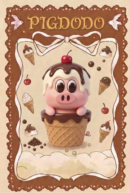 以冰淇淋甜筒小猪IP形象为主体，参考图二的复古身份卡牌版式，保留蕾丝花边边框、顶部蝴蝶结装饰、文字区域和云朵留白区域，整体配色使用IP形象的粉色、巧克力棕色、奶白色和红色樱桃的红色，风格为温暖复古手绘预览效果