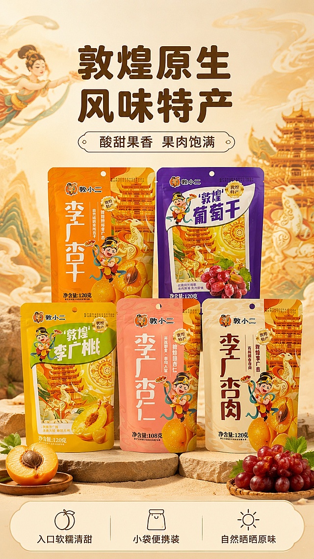 [第1屏] 详情页头图-敦煌敦小二小袋特产全家福宣传图。本屏使用【图4】【图5】作为产品主体展示全家福。
[氛围/风格] 国潮敦煌风，暖色调氛围，商业美食摄影质感，突出特产原生风味。
[元素布局] 五款产品错落排列在画面中下部，占比约70%；顶部预留大标题区域，背景搭配浅米色敦煌飞天渐变纹理，整体保留产品原有国潮插画风格，保持各款产品包装颜色与结构和原图一致。
[光影质感] 顶部主柔光照明，产品下方自然柔和投影，整体画面通透温馨，突出产品包装质感。
[配色色系] 全局底色 #FFF9EF，主色暖橙黄，辅助色浅粉紫、米黄，点缀品牌原有国潮插画色彩。
[视角构图] 正面平视构图，产品居中展示，阅读动线从上到下，从上标题到下产品。
[文字版式] 版式为顶部标题 + 中部产品全家福 + 底部卖点信息条。主标题「敦煌原生风味特产」，副标题「酸甜果香 果肉饱满」，加粗圆角黑体，居中对齐；底部信息条标注「入口软糯清甜 小袋便携装」，文字清晰不遮挡产品主体。统一使用圆角黑体，字色为深棕色。
[比例分辨率] 9:16竖版比例，2K分辨率，文字清晰可辨，高清画质。
[负向提示词] 产品包装变形，文字错乱，颜色偏差，缺件错件，背景杂乱，水印。