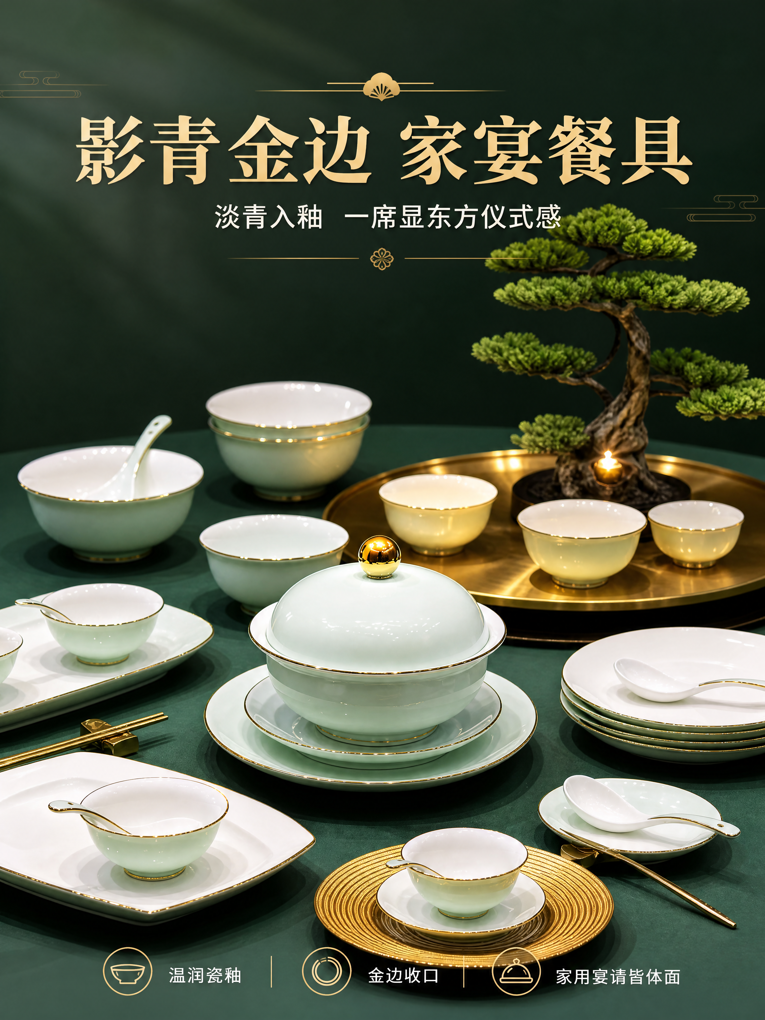 [商品] 使用【图1】影青釉金边餐具套装；保留碗、盘、汤盅、勺… - 图片创意预览