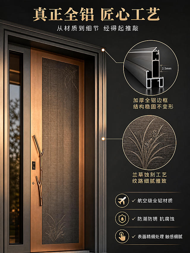 [商品] 使用【图1】清雅兰草花型全铝入户门；重点展示门体材质结构、边框截面、兰草花纹工艺细节；保留原有颜色与结构，增强金属截面质感和花纹蚀刻细节。
[画面] 页面目标：结构材质证明，拆解全铝材质与工艺。建材层级型构图，左侧是门体局部大特写（占画面50%，聚焦门扇与门框拼接处），右侧上下两个放大框：上方放大框展示全铝边框截面/铝材厚度，下方放大框展示兰草花纹蚀刻工艺微距。右侧还有3条材质说明文字配图标。背景是深灰渐变，突出材质细节。阅读动线：左侧门体特写→右侧上方截面图→右侧下方花纹微距→右侧文字说明。
[视觉] 套系策略：风格=高端建材商业摄影 东方雅致轻奢风；标题字=大气衬线宋体粗体；正文字=简洁无衬线体；主色=深炭灰；背景延展=基于深炭灰做深浅层级、暖金侧光勾勒轮廓；强调色=古铜金；标题色=古铜金；正文色=米白色；组件=圆形放大框带引线、细金线图标、信息标签；光影=侧光打亮材质纹理，金属截面有高光层次，布纹肌理清晰，细节丰富真实。
[文字] 顶部主标题：「真正全铝 匠心工艺」（大号古铜金衬线字体，居中）；主标题下方副标题：「从材质到细节 经得起推敲」（中号米白色，居中）；右侧上方放大框引线标注：「加厚全铝边框 结构稳固不变形」；右侧下方放大框引线标注：「兰草蚀刻工艺 纹路细腻雅致」；右侧3条材质说明（配小图标）：「✓ 航空级全铝材质」「✓ 防潮防锈 抗腐蚀」「✓ 表面精细处理 触感细腻」。所有文字横排。
[规格] 图片比例3:4竖版，4K，避免变形、错字、文字过小、材质不真实、冷蓝/蓝灰背景、水印、平台logo。