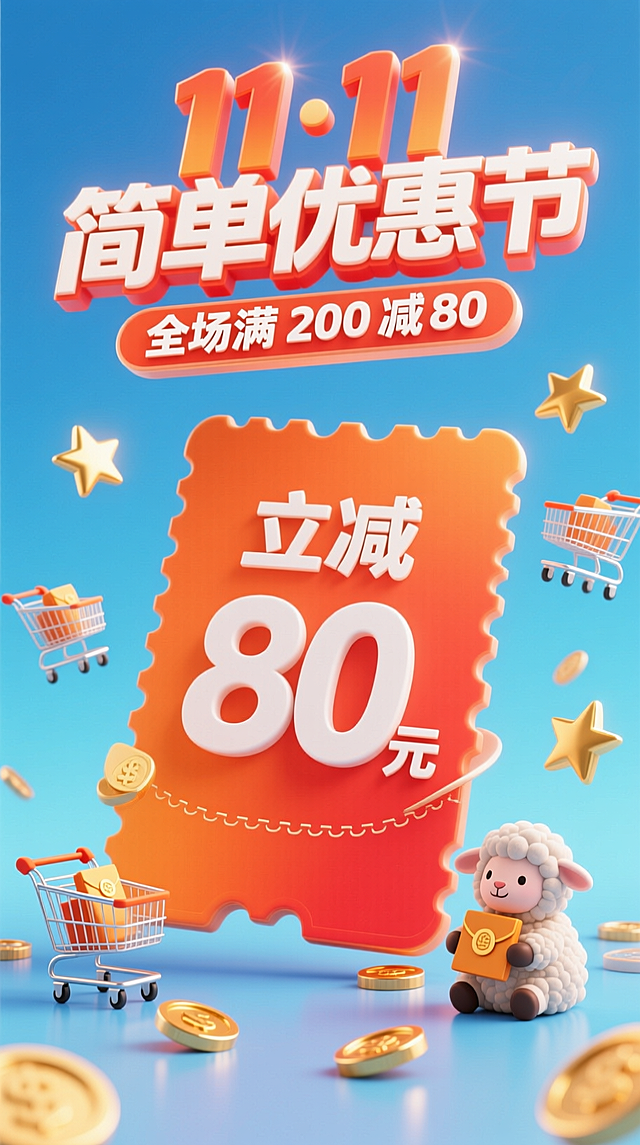 3D 立体主标题 “11・11 简单优惠节” 居画面上方，橙红渐变带光晕；副标 “全场满 200 减 80” 用白色小字缀标题下方。画面中心是巨型 3D 优惠券（印着“立减80元”字样，“元”为小字，边缘卷边有质感），四周飘着迷你购物车、金色星星、坐姿小羊（抱小优惠券），底部散着几枚亮面金币。高饱和橙蓝配色，背景淡蓝渐变，视觉清爽聚焦。