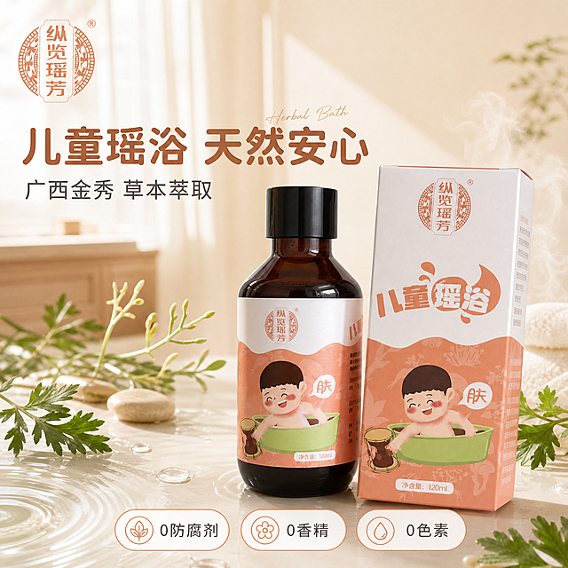 [单张主图] 广西金秀儿童专用瑶浴液 高级氛围感原生成分型主图，淘宝/天猫SKU搜索首图，1:1比例，突出天然草本、儿童安全、0添加安心感。
[画面主体] 画面中下部偏右放置产品组合：左侧为深棕色玻璃瓶瑶浴液（黑色瓶盖、白色+暖橘色标签、卡通宝宝洗澡图案、纵览瑶芳品牌Logo、净含量120ml），右侧为同系列白色+暖橘色外包装盒，两瓶/盒前后错落、略微倾斜呈自然陈列姿态，产品主体占画面约55%。**必须保持产品外观、物理结构、材质质感、颜色、标签图案、品牌Logo与输入产品图完全一致，杜绝任何变形、色差、标签文字错乱和Logo重绘**，瓶身玻璃有通透折射，纸盒有细腻哑光纸质纹理，光影自然真实。
[构图版式] 采用「原生成分型」高级氛围感版式：产品位于中下部偏右，左上与顶部留自然负空间放标题，底部放轻量卖点图标，背景为柔和草本浴室场景，整体留白充足、层次分明。
[场景元素] 背景为浅奶油米色渐变柔光浴室台面，后景虚化呈现浅木色浴柜边缘与白色纱帘窗影；产品周围散落少量新鲜草本植物叶片（艾草、金银花等瑶浴常见草本）、几滴透明水珠和一小片温润鹅卵石；左下角有一汪浅浅的清水涟漪，水面反射柔和光线；右侧背景有轻微水雾升腾感，营造温润洁净的沐浴氛围；左上角安全区放置从产品提取的「纵览瑶芳」品牌Logo（圆形纹样+竖排文字，保持原品牌字形与暖橘配色）。
[文案版式] 左上负空间左对齐排版，文字全部为中文，清晰可读，不遮挡产品主体：
第一行主标题（大号圆润柔和黑体，暖橘棕色）：「儿童瑶浴 天然安心」
第二行副文案（中号细体无衬线，深灰）：「广西金秀 草本萃取」
底部横向均匀排列3个圆角胶囊形轻标签（白色底、暖橘色细描边、暖橘色图标+深灰文字），从左到右依次：
「0防腐剂」
「0香精」
「0色素」
主标题旁可叠加一个极小的英文手写体装饰词「Herbal Bath」，只做氛围点缀不承担信息。
[光影质感] 左上45°自然窗光为主光源，光线柔和通透，带轻微暖调；右侧有弱补光柔化阴影；产品底部有柔和自然的接触投影，不生硬；瓶身玻璃有窄条高光体现通透感，纸盒表面呈细腻哑光漫反射；整体光影层次丰富，无廉价HDR和过曝，景深中等，背景虚化自然突出主体。
[配色字体] 主色：奶油米白（背景）；辅助色：暖橘色（取自产品包装主色，用于标签、图标、主标题强调）；点缀色：浅草绿（草本叶片小面积点缀，占比<10%）。字体：主标题圆润柔和黑体粗体，副文案细无衬线，卖点标签为常规无衬线中号字，整体字重克制，靠留白与大小形成层级。
[比例分辨率] 1:1正方形比例，2K超高清，文字清晰锐利可辨，商业母婴洗护摄影质感，画面干净高级。
[负向提示词] 产品变形，瓶身扭曲，标签文字错乱模糊，Logo重绘变形，色差严重，背景杂乱，水印，电商平台Logo，多余的手，多余的手指，畸形手，人物面部扭曲，肢体穿模，文字遮挡产品主体，大红大紫高饱和刺眼颜色，医疗蓝恐怖氛围，夸张病症对比，价格促销信息，满屏卖点堆叠。