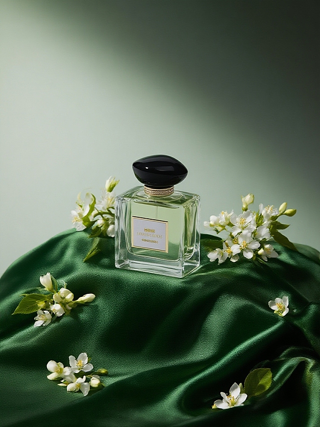 产品放置在绿色有质感的绸布上，瓶身周围环绕茉莉花，搭配绿色布料等物件，背景为浅绿到白色渐变，画面暗色调，主体逆光