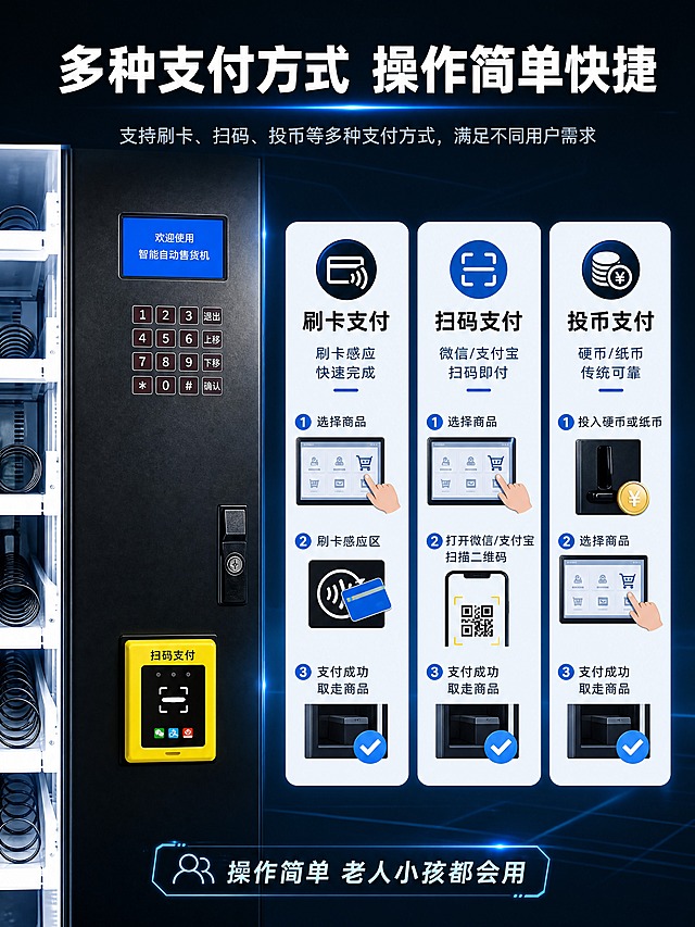 [商品] 使用【图1】弹簧货道款智能自动售货机操作区局部；保留蓝色显示屏、按键键盘、黄色支付模块、锁孔的位置和外观；操作区清晰可见。
[画面] 详情页第6张·支付与操作方式详解，目标展示多种支付方式和操作流程。左侧放产品操作区放大特写占40%，右侧分三栏展示三种支付方式（刷卡、扫码、投币），每栏配图标+简短操作步骤；深蓝黑背景，支付方式卡片用圆角浅底。
[视觉] 套系策略：风格=深色科技商业摄影风；标题字=粗黑无衬线黑体；正文字=简洁无衬线体；主色=深蓝黑；背景延展=基于深蓝黑做渐变层次、科技光效；强调色=亮蓝色+金黄色，分别用于扫码和支付模块高亮；标题色=白色；正文色=浅灰蓝；组件=圆角支付卡片、步骤序号、图标；光影=操作区正面清晰打光。
[文字] 顶部主标题"多种支付方式 操作简单快捷"；右侧三栏：刷卡支付-"刷卡感应 快速完成"、扫码支付-"微信/支付宝 扫码即付"、投币支付-"硬币/纸币 传统可靠"；底部加"操作简单 老人小孩都会用"。
[规格] 图片比例3:4竖版（宽750px高1000px），分辨率4K，负向提示：避免操作区变形、支付模块颜色改变、文字竖排、信息模糊。