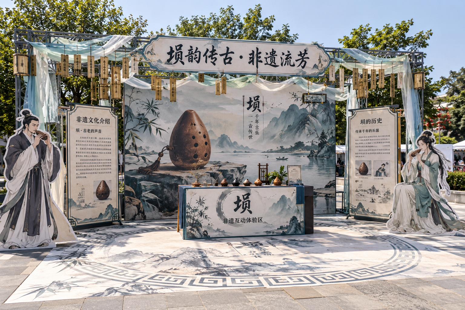 第四站埙韵传古打卡点美陈效果图，古风沉浸式游园会风格，桁架搭建… - 图片创意预览