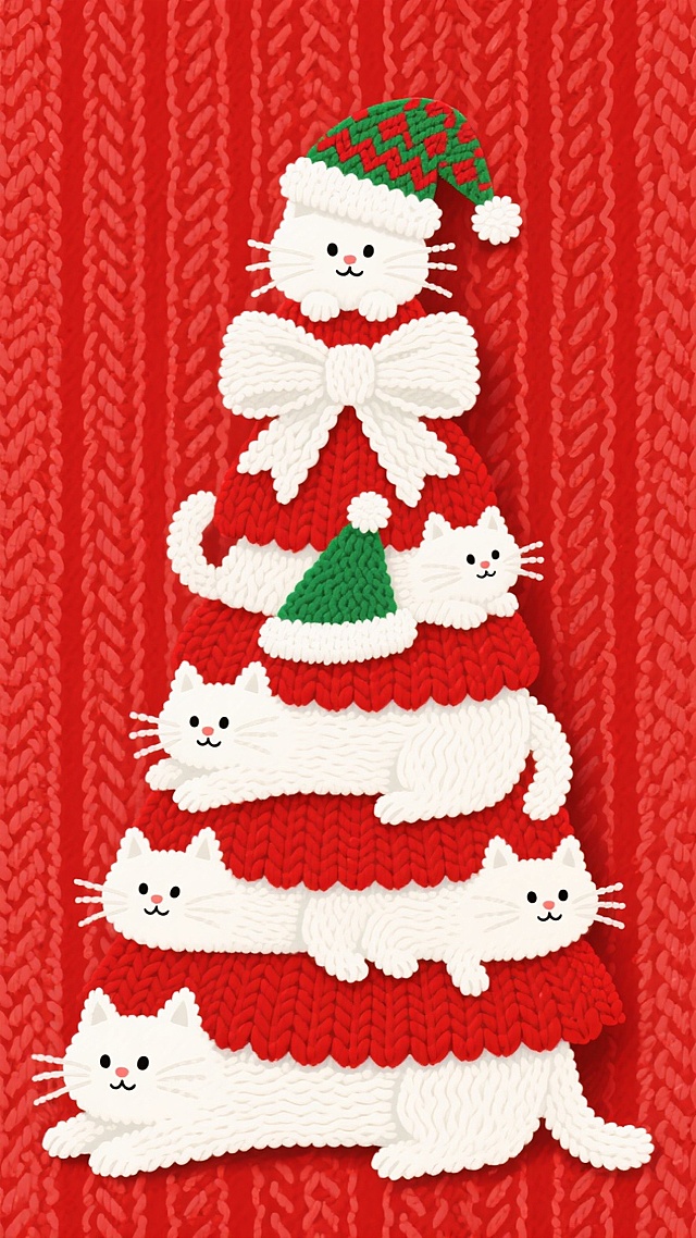 卡通猫咪堆叠成圣诞树，针织纹理与毛线帽点缀，萌趣十足，喜庆插画风，拟人化设计，节日氛围浓厚。