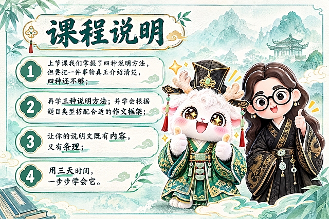 横版6寸比例的知识卡片设计，标题为"课程说明"，内容分五段：上节课我们掌握了四种说明方法，但要把一件事物真正介绍清楚，四种还不够；再学三种说明方法，并学会根据题目类型搭配合适的作文框架；让你的说明文既有内容，又有条理；用三天时间，一步步学会它。右侧放置两个Q版国风IP形象：一个是竖起双大拇指点赞、眼睛闪闪发光兴奋的白色毛绒瑞兽（穿绿色汉服戴官帽），另一个是戴黑框眼镜、穿黑色金龙纹汉服的卡通女孩，整体风格清新雅致，青绿色水彩风背景，与费曼复述卡系列风格统一，文字排版清晰有层次，适合打印