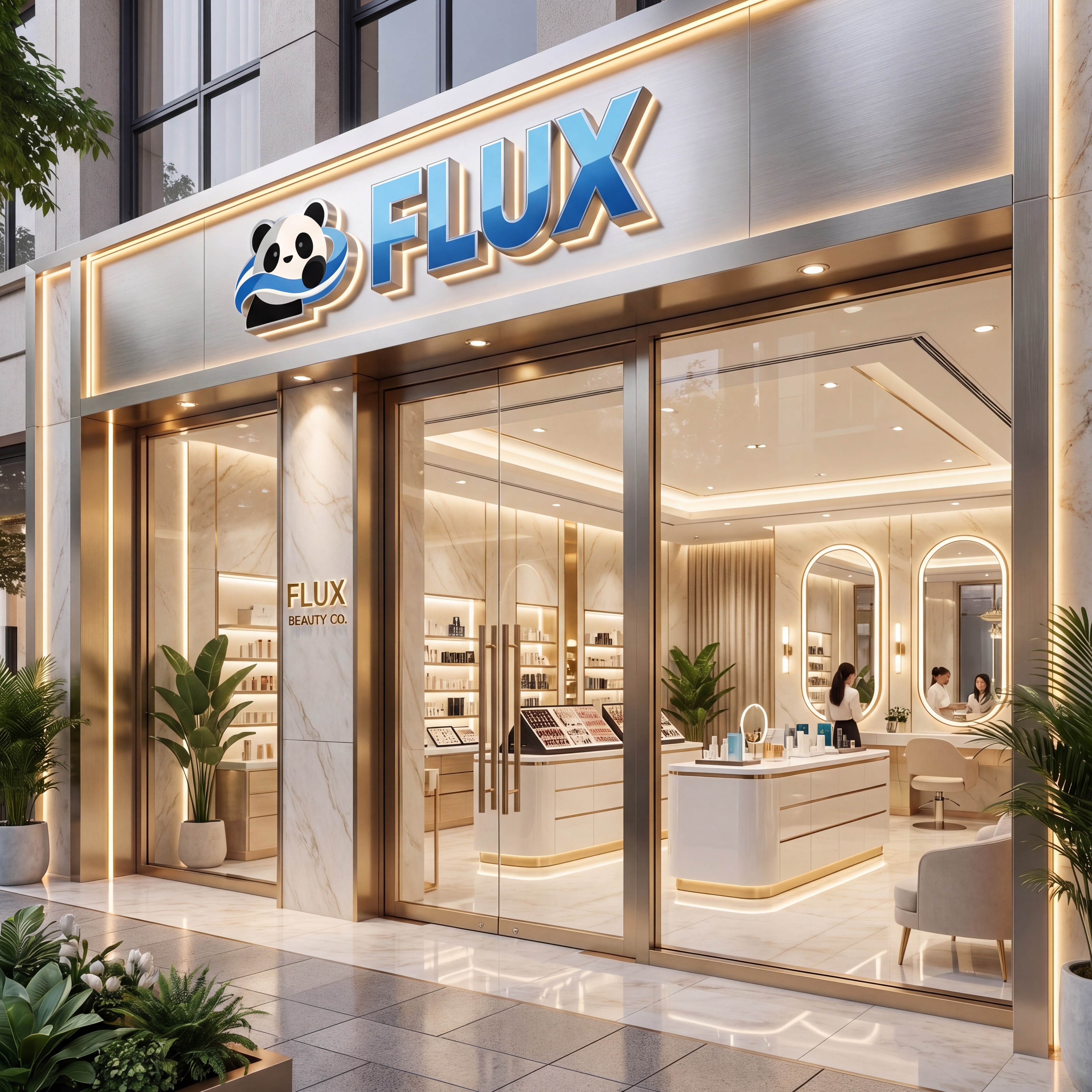 生成一间真实的美妆公司门店门头，门店招牌放置提供的FLUX熊猫… - 图片创意预览