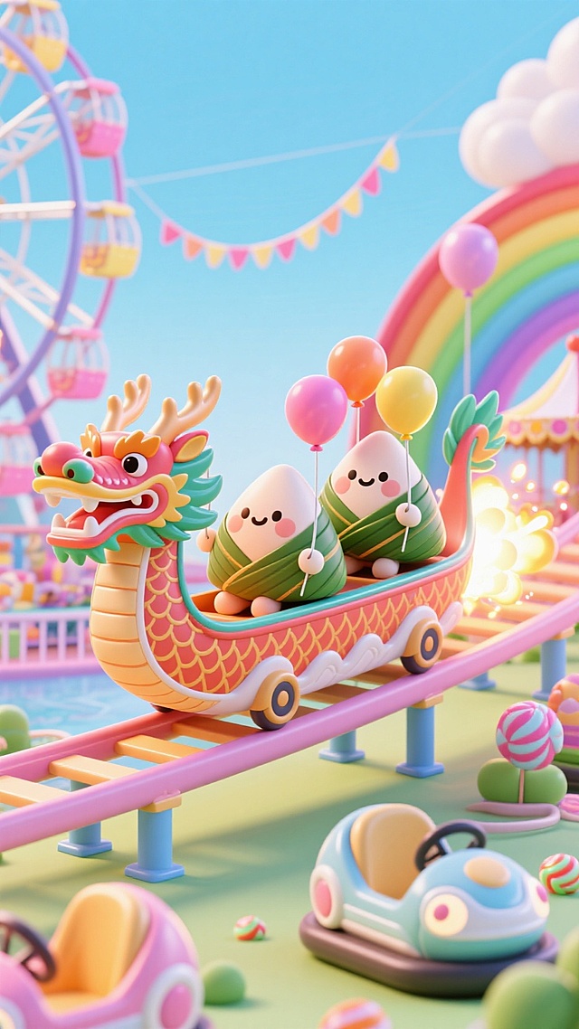 3D卡通风格，拟人粽子乘龙舟，波普艺术色彩，端午节欢乐场景。